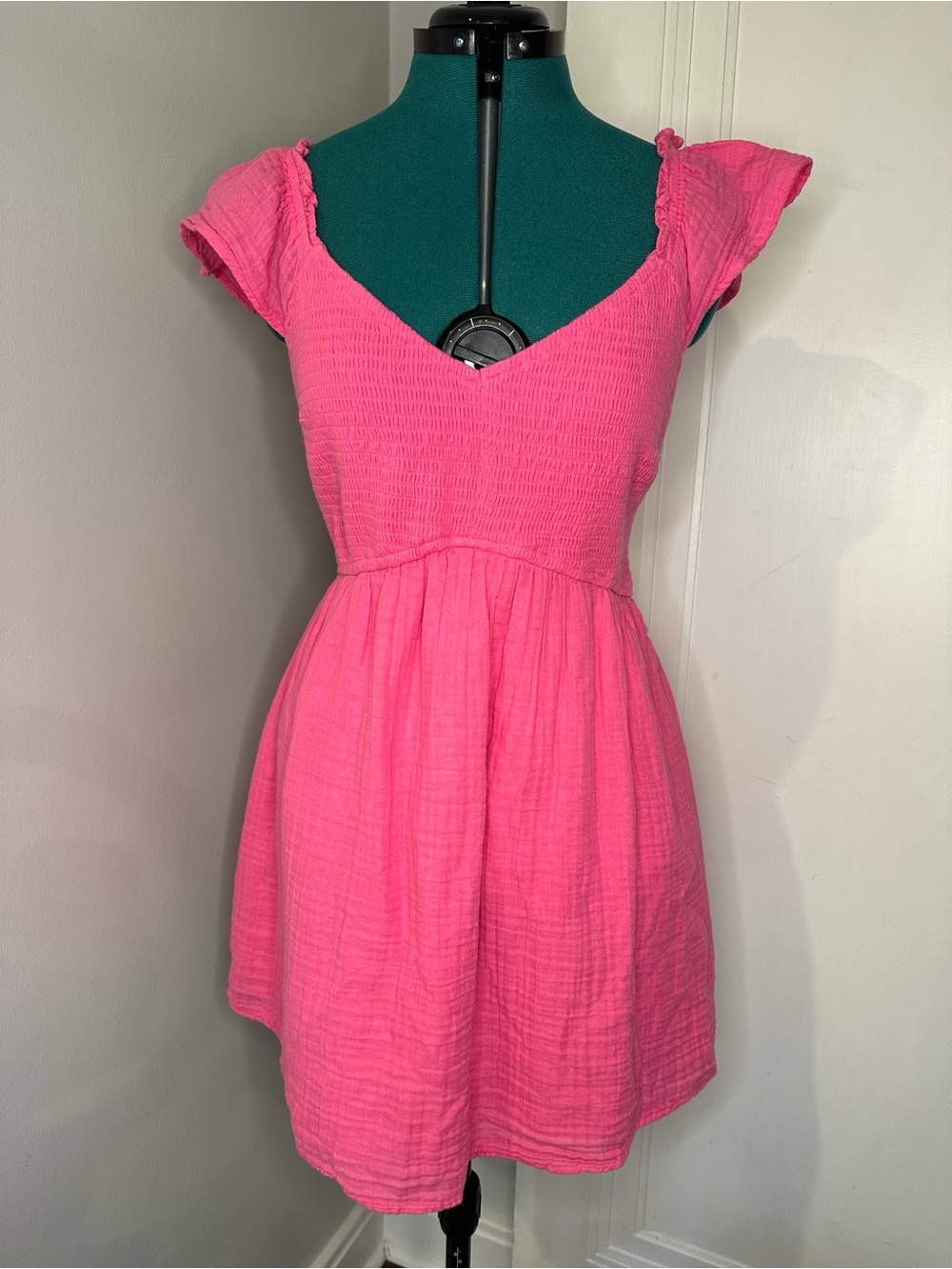 Hollister Hot Pink Smocked V-Neck Mini Dress Romper with Flutter Sleeves shorts